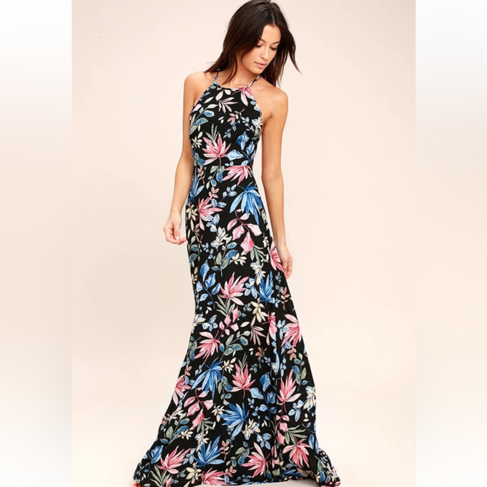 Lulu's Black Floral Halter Maxi Dress with Pink & Blue Blooms